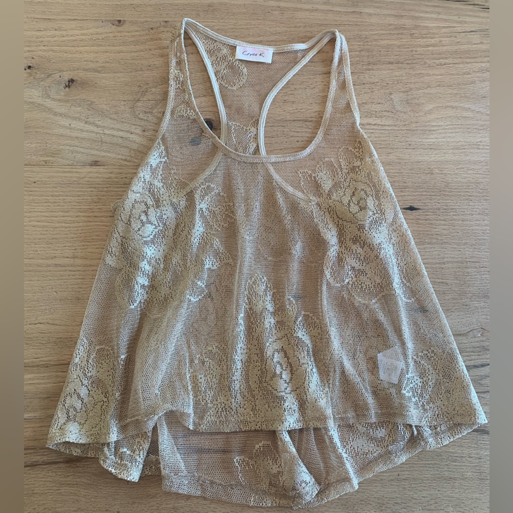 Crystal K Racerback Sheer Gold Lace Tank Top Women’s S‎ Preloved
